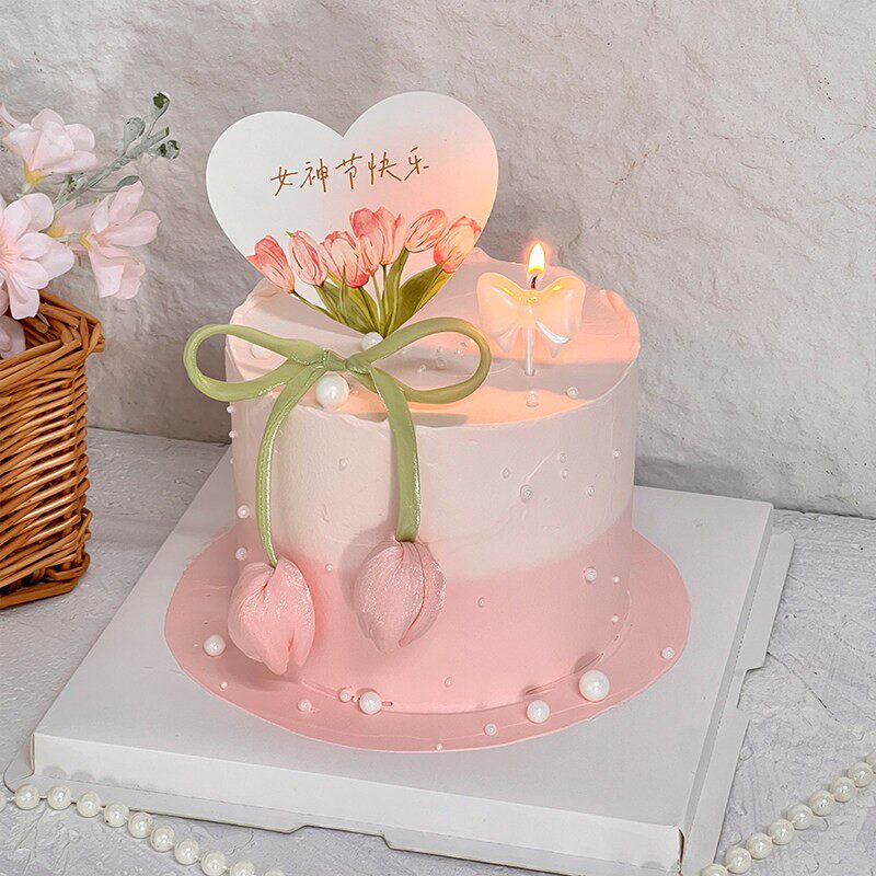 38女神节郁金香蛋糕装饰爱心卡片蝴蝶结蜡烛三八妇女节快乐插件