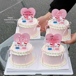 214情人节蛋糕装饰卡通KT猫蜡烛摆件情侣纪念日表白爱心love插牌