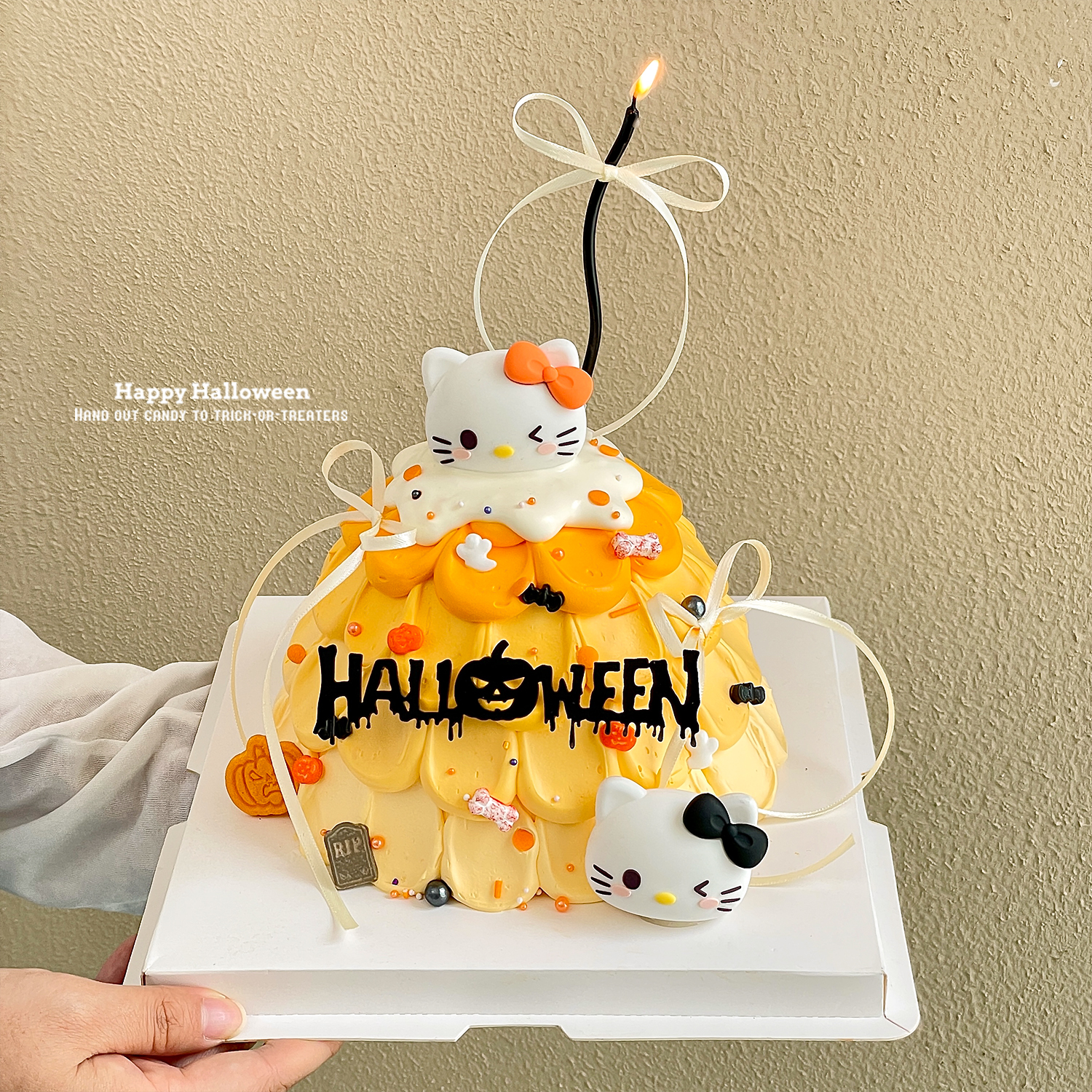 2025万圣节许愿树蛋糕装饰蝴蝶结KT猫摆件Halloween亚克力插件