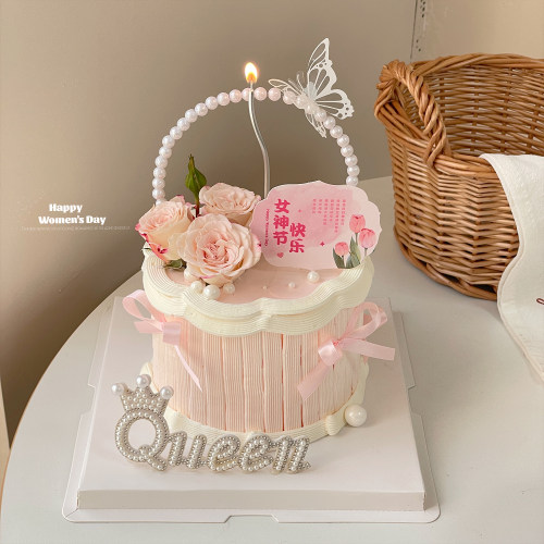 38女神节珍珠花篮蛋糕装饰摆件三八妇女节快乐唯美钻石queen插件