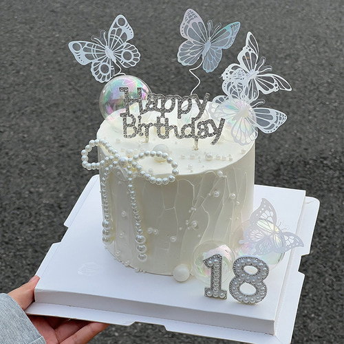 网红仙女18岁蛋糕装饰珍珠蝴蝶结摆件女神钻石HB生日幻彩蝴蝶插件