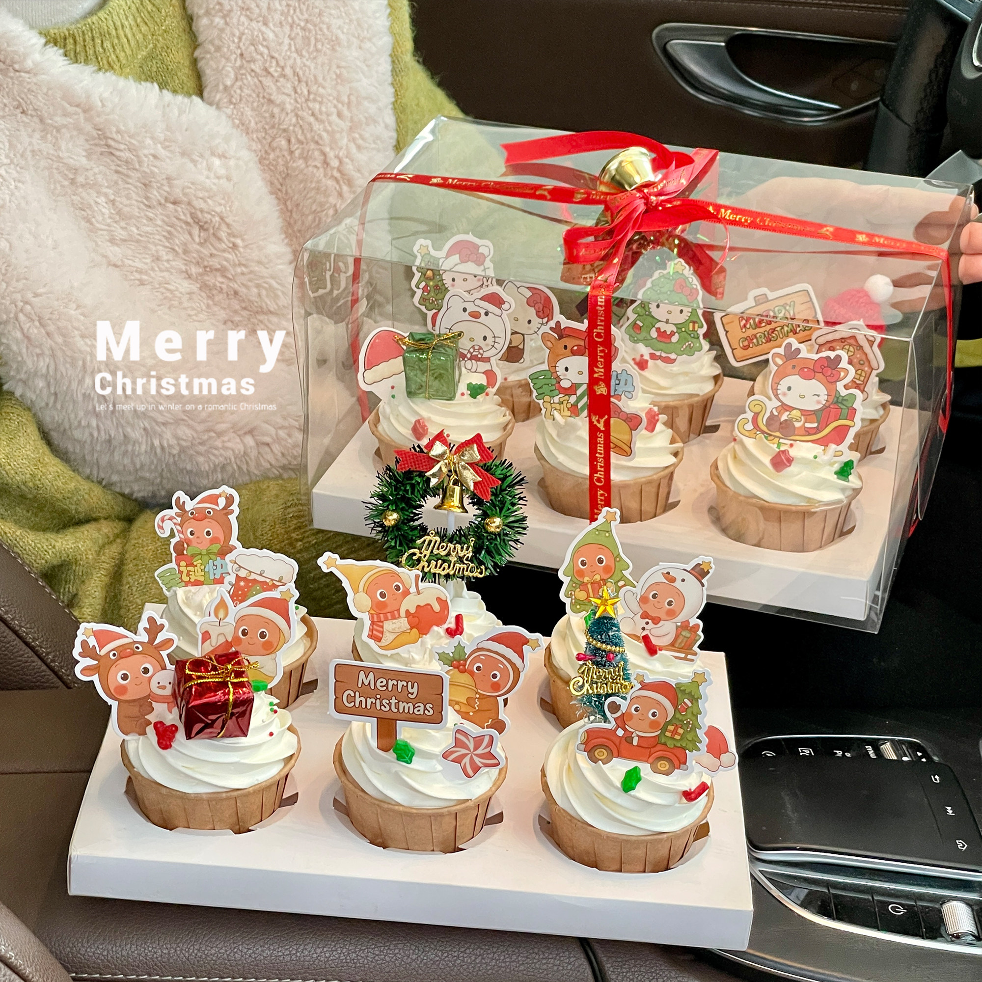 2025圣诞节纸杯蛋糕装饰插件卡通小人kt猫杯子礼盒铃铛草圈摆件