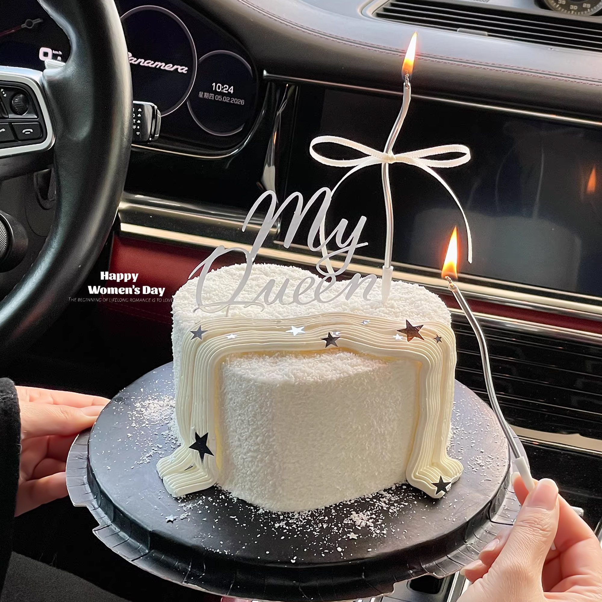 38女神节爱心蛋糕装饰my queen亚克力插件三八节银色亮片星星摆件