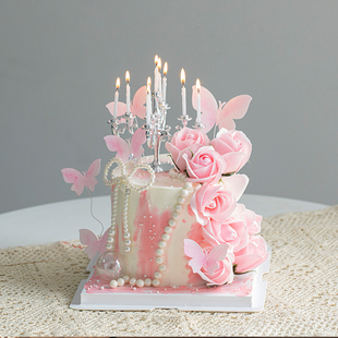 网红女神生日蛋糕装饰复古烛台摆件仙女粉色糯米纸蝴蝶玫瑰花插件
