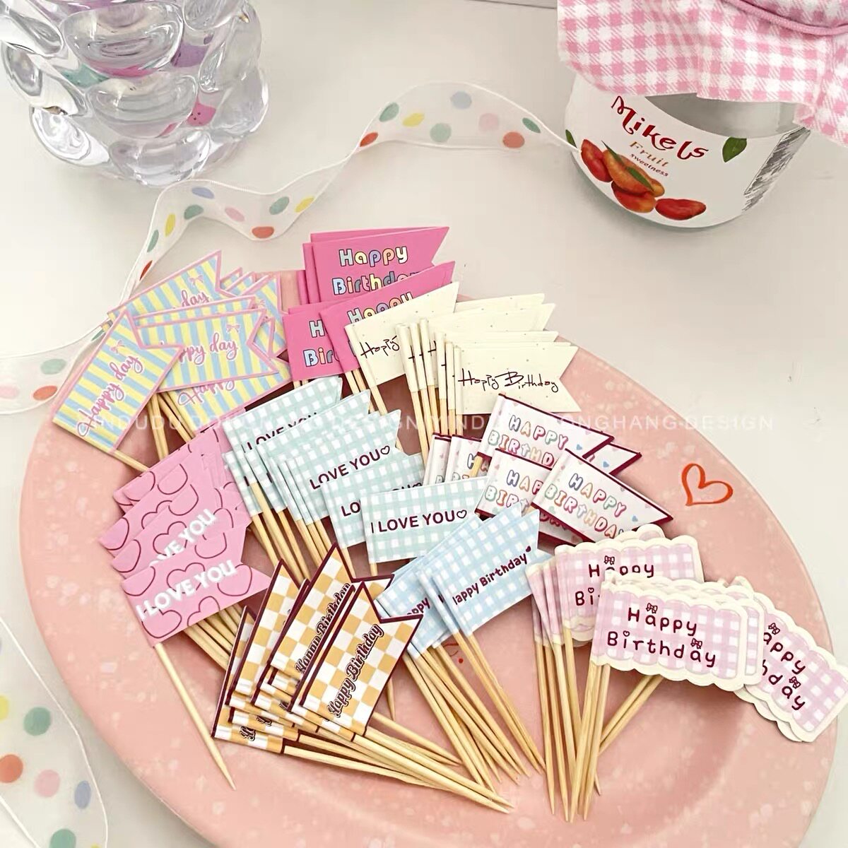 网红韩系ins复古蛋糕装饰彩虹双面生日快乐旗子露可丽小甜品插件