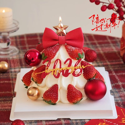 2026新年跨年草莓许愿塔蛋糕装饰摆件红色蝴蝶结五角星蜡烛插件