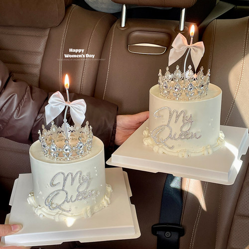 38女神节皇冠蛋糕装饰摆件钻石myqueen银色蝴蝶结三八妇女节插件