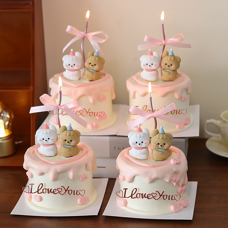 七夕情人节卡通情侣修狗蛋糕装饰摆件爱心love亚克力情侣告白插件
