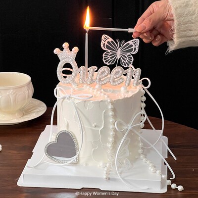 38女神节仙女蛋糕装饰珍珠queen钻石镜子摆件女王节唯美蝴蝶插件
