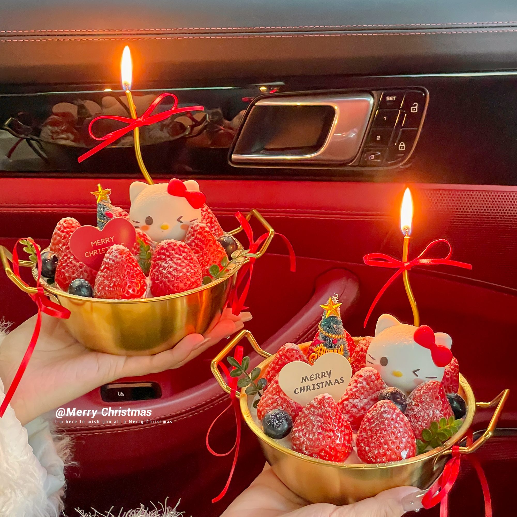 2025网红圣诞节不锈钢金色双耳碗草莓蛋糕碗卡通KT猫蛋糕装饰插件