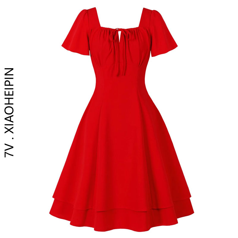 气质红色连衣裙收腰双层大裙摆方领系带荷叶短袖大码显瘦裙晚礼服