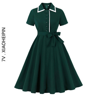 大码 显瘦复古通勤大摆裙 女装 赫本风墨绿色连衣裙气质双层翻领短袖