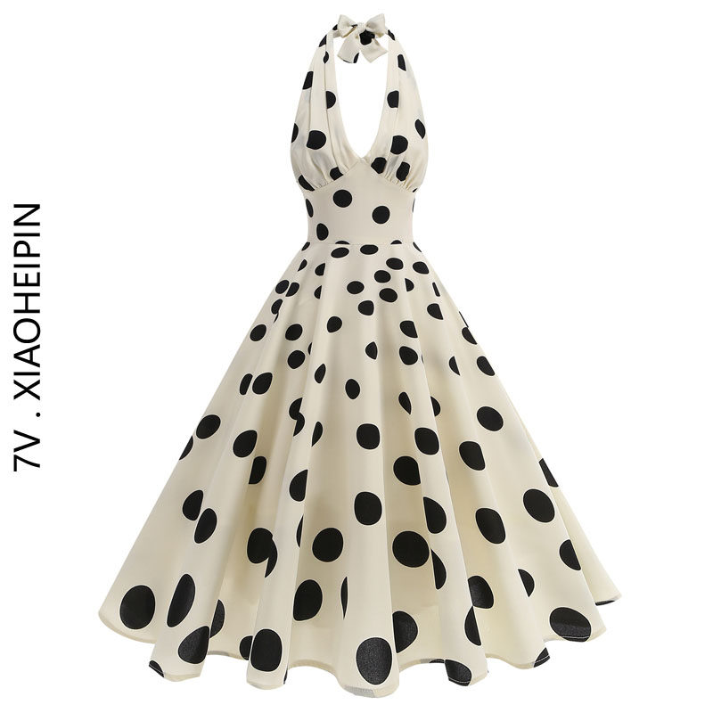 复古女装赫本挂脖V领波点大摆港风怀旧表演出舞蹈派对度假连衣裙