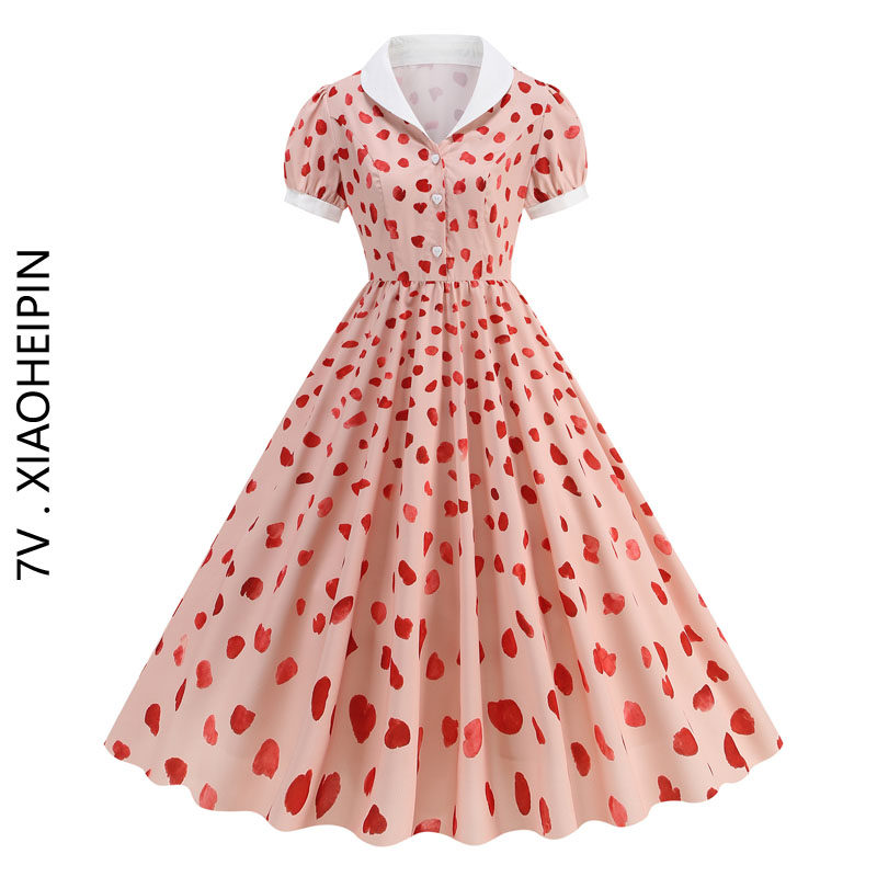 粉色花瓣印花连衣裙娃娃领短袖收腰大摆过膝中长度假复古碎花裙子,女装/女士精品,连衣裙,淘宝优惠券,粉丝福利购,淘宝优惠卷