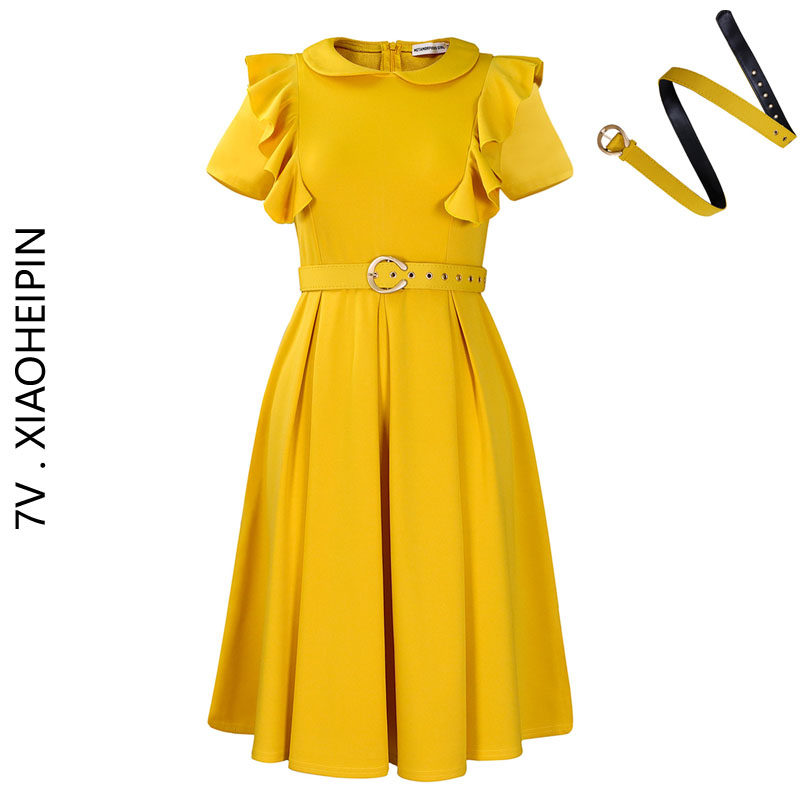 轻熟风通勤短袖荷叶边设计感纯色连衣裙大码女装显瘦娃娃领百褶裙