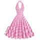 粉色少女气质港风挂脖格子大摆连衣裙收腰减龄度假跳舞蹈裙子表演