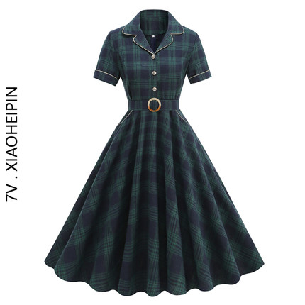 欧美复古赫本风英伦格子连衣裙大摆高腰过膝翻领短袖显瘦衬衣裙子