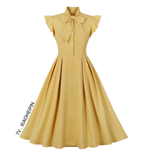 港风淑女a字大摆雪纺黄色连衣裙