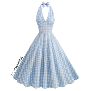 小清新少女浅蓝色格子挂脖连衣裙深V领气质收腰减龄大摆裙子度假