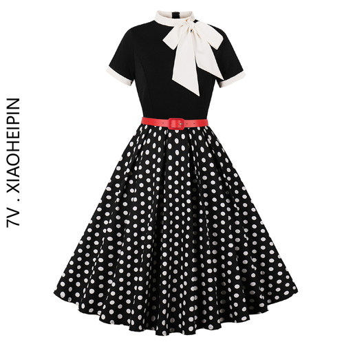 欧美怀旧复古年代赫本女装大摆显瘦印花绑带蝴蝶结立领波点连衣裙