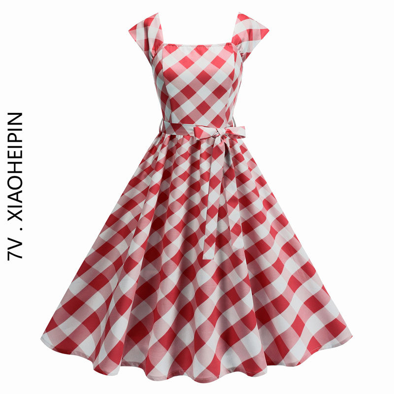少女约会森系复古方领格子优雅气质收腰中长款大摆连衣裙子度假风
