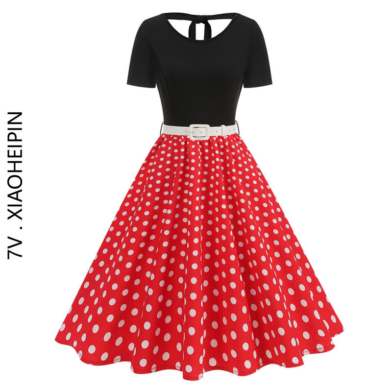 复古年代感系带设计短袖撞色波点港风大摆过膝连衣裙中长女夏长裙,女装/女士精品,连衣裙,淘宝优惠券,粉丝福利购,淘宝优惠卷
