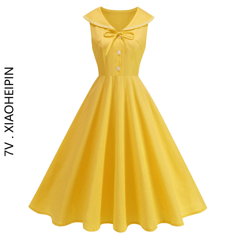 甜美少女夏无袖娃娃领气质蝴蝶结系带收腰大摆黄色连衣裙派对度假
