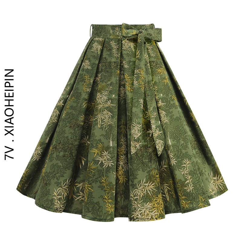 绿野仙踪提花印花半身裙高腰绑带百褶显瘦伞裙洋气显瘦复古设计感