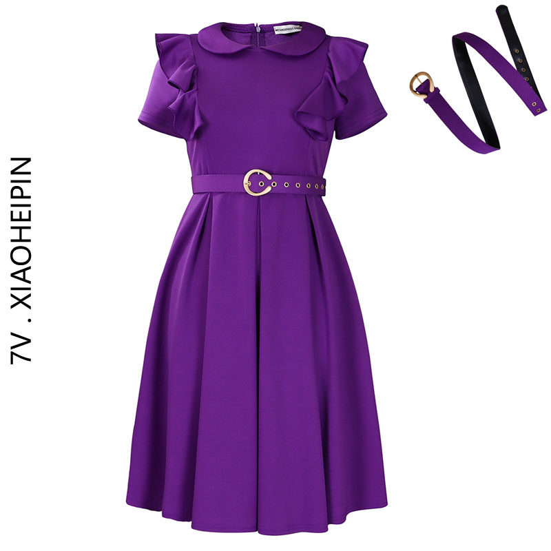 欧美气质通勤女装短袖荷叶边设计感纯色连衣裙大码显瘦娃娃领复古