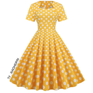 宫廷演出服气质中长 收腰大摆大码 法式 复古80年代波点连衣裙夏短袖