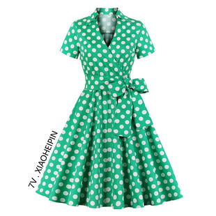 欧美赫本风复古V领收腰甜美波点连衣裙大码 胖mm减龄演出礼服 女装