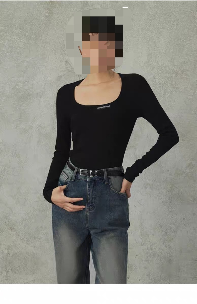 原单韩版显瘦修身打底衫全棉黑白色系方领骨感美长袖弹力女针织衫