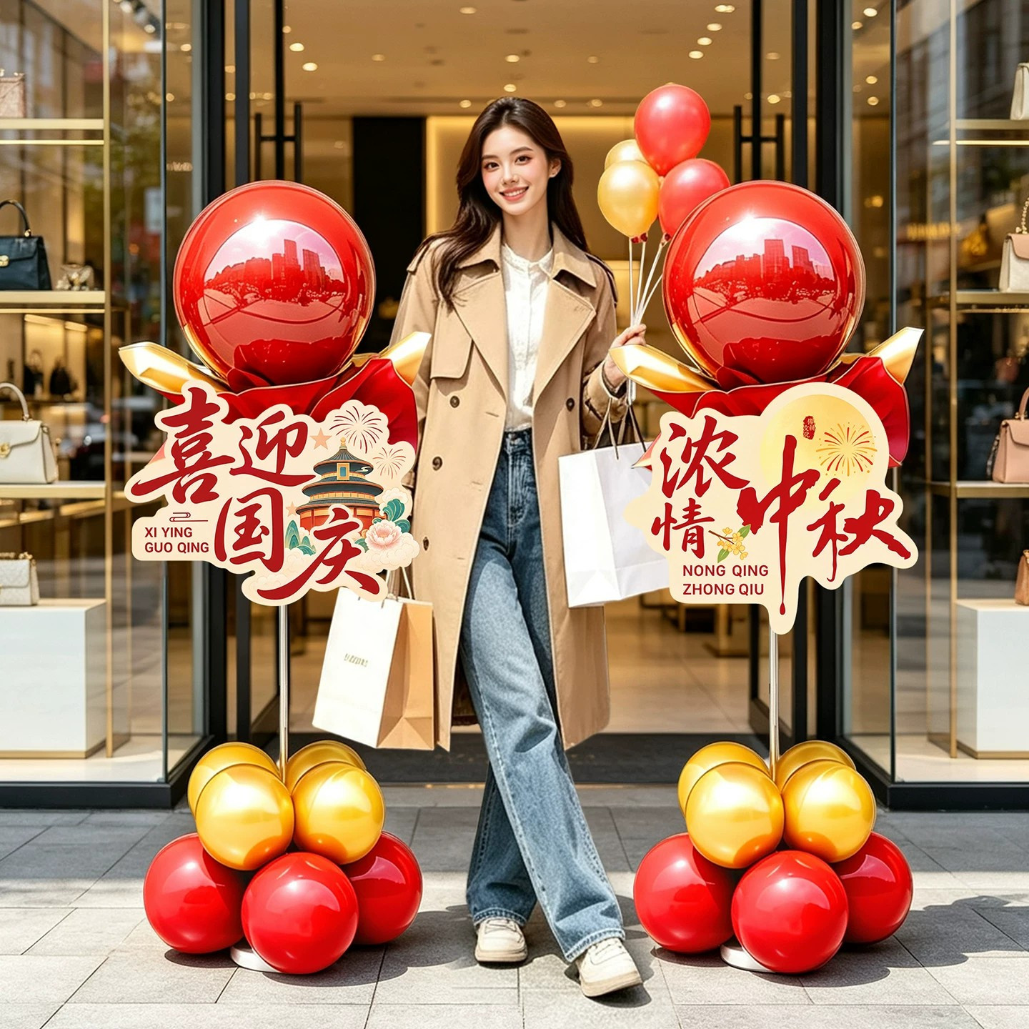 中秋国庆商铺迎宾气球立柱KT板