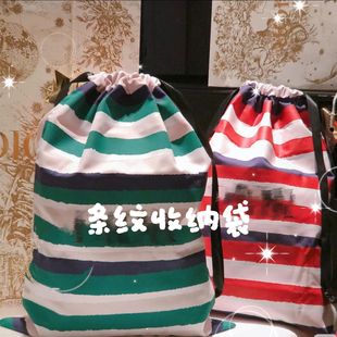红色帆布条纹收纳袋 绿色 大容量抽绳包 超实用 21款