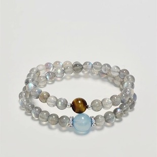 天然灰月光虎眼石双圈水晶手链月光石串珠饰品海蓝宝手串生日礼物
