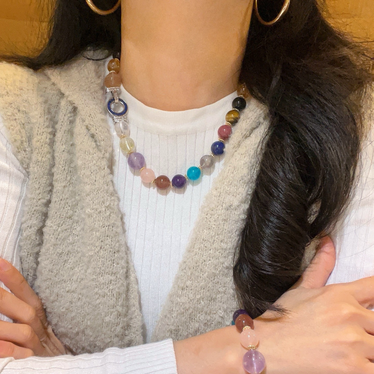 天然多宝12-16mm水晶手串项链紫水晶虎眼石月光石白水晶粉晶手链