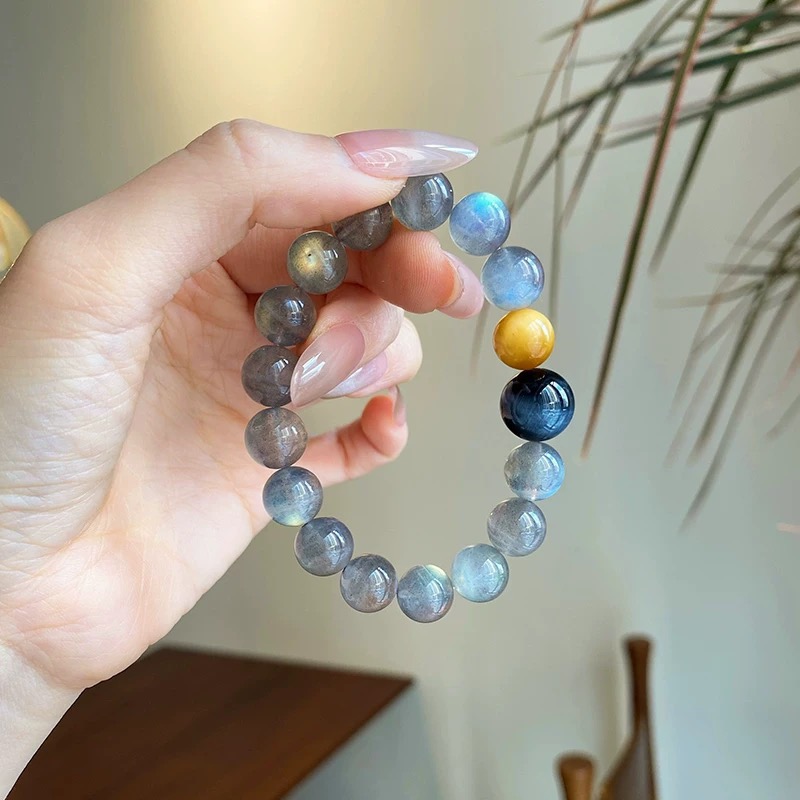 天然灰月光石手串女蓝金虎眼石手链原创设计款多宝水晶高级