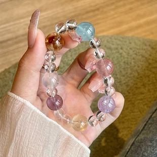 彩虹天然女多宝能量白水晶海蓝宝粉晶黄发晶手串旺财小清晰饰品送