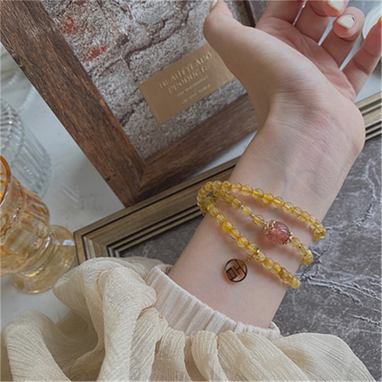 天然巴西金发晶三圈招财手链多圈草莓晶本命年手串财运S925银福牌