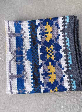 【费尔岛十字绣】蓝色系绣花~羊毛桑蚕丝围巾丝巾女65cm