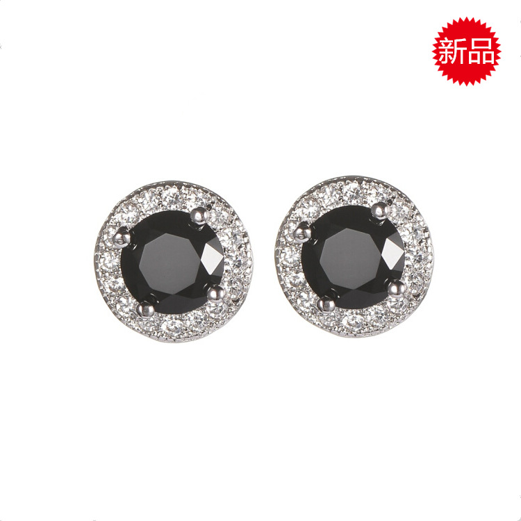 河南钻石商丘钻石河南商丘钻石S925银圆形满钻耳钉耳饰明黑色耳钉