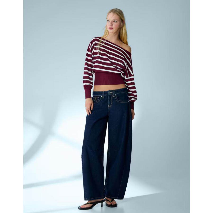 Bershka 女子酒红色不对称领条纹长袖针织衫英国正品代购2026年春