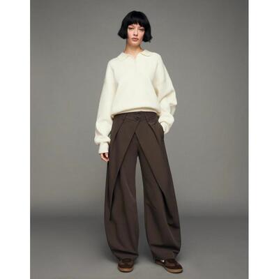 Bershka 女子纯色皱褶卡桶裤英国正品代购2026年春时尚低腰休闲裤