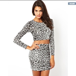女士时尚分体连衣裙豹纹印花性感长袖上衣迷你包裙 英国正品代购
