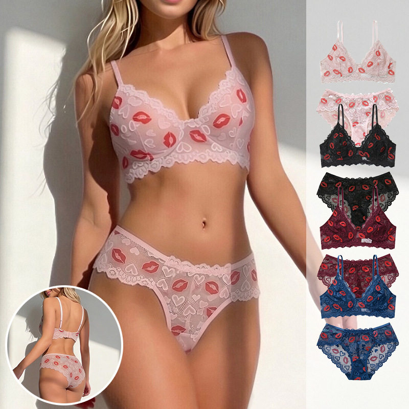 Underwear欧美法式蕾丝文胸套装网纱透气亲肤美背侧收内衣女