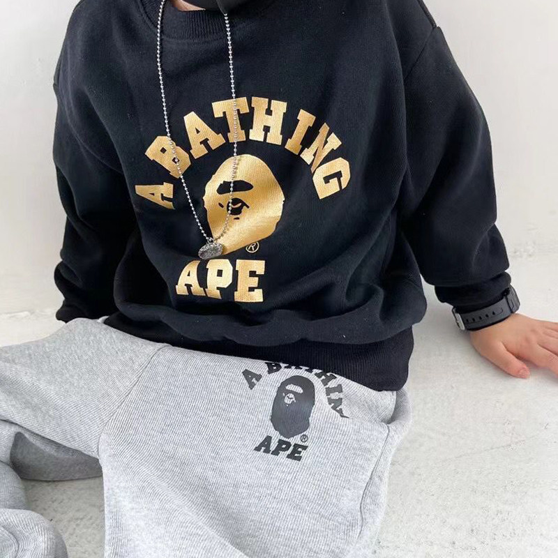 日系潮童装秋装烫金字母猿人头男女儿童圆领卫衣中大童套头上衣