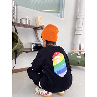 日系潮牌彩色猿人儿童加绒卫衣冬装男女童圆领卫衣套头衫中大童装