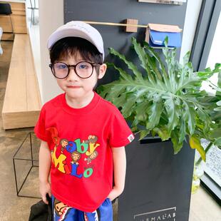 日系潮牌字母小猿猴男女儿童短袖T恤宝宝卡通上衣中大童夏装半袖