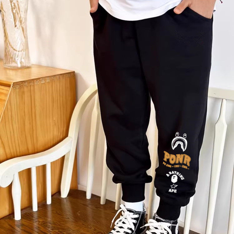 日系潮牌Bape Kids男童裤子儿童鲨鱼印花中大童运动休闲束脚卫裤