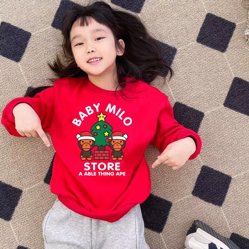 日系潮牌BAPE KIDS圣诞树卫衣猿人猴卡通印花男女童加绒打底衫T恤